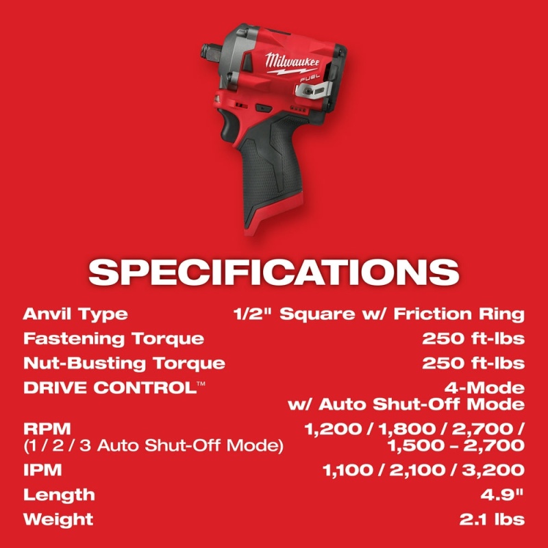 Milwaukee M12 2555-20 M12 FUEL 12V 1/2-Inch Stubby Impact Wrench - Bare Tool - Image 8