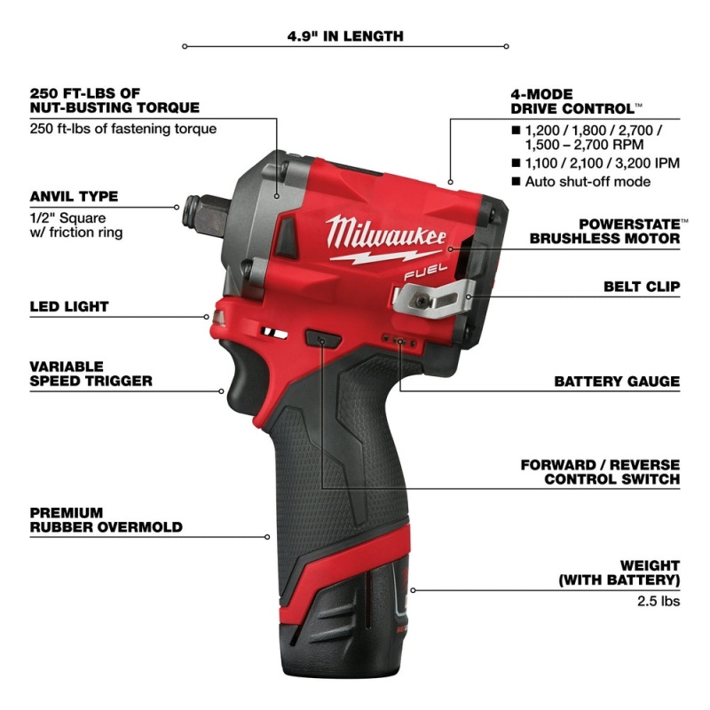 Milwaukee M12 2555-22 M12 FUEL 12V 1/2-Inch Cordless Stubby Impact Wrench Kit - Image 4