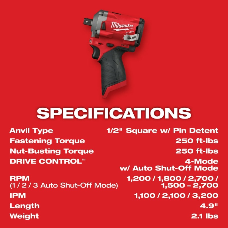 Milwaukee 2555-P80 M12 FUEL 12V 1/2" Cordless Stubby Impact - Reconditioned - Image 8