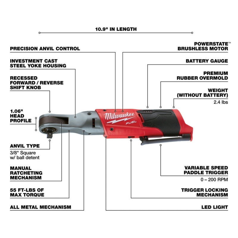 Milwaukee 2557-20 M12 FUEL 12V 3/8-Inch 55-Ft-Lbs. Cordless Ratchet - Bare Tool - Image 4