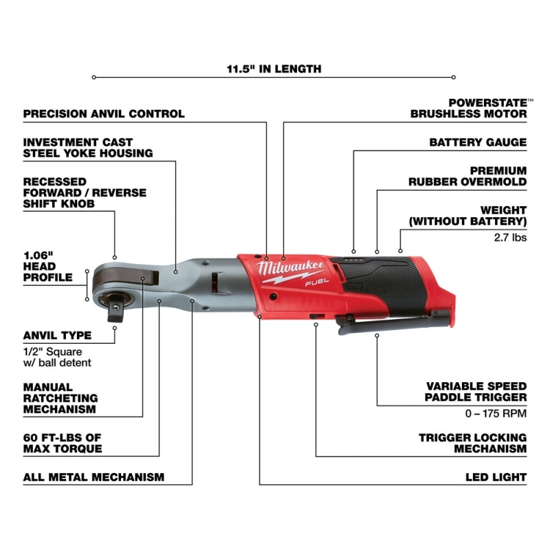 Milwaukee 2558-20 M12 FUEL 12V 1/2-Inch 60-Ft-Lbs. Cordless Ratchet - Bare Tool - Image 4