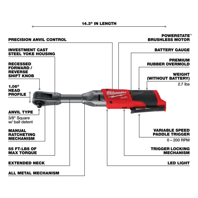 Milwaukee 2560-20 M12 FUEL 12V 3/8 Inch Extended Reach Ratchet Bare Tool - Image 4