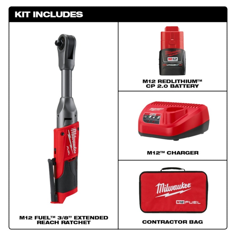 Milwaukee 2560-21 M12 FUEL 12V 3/8 Inch Extended Reach Ratchet 2.0AH Kit - Image 2