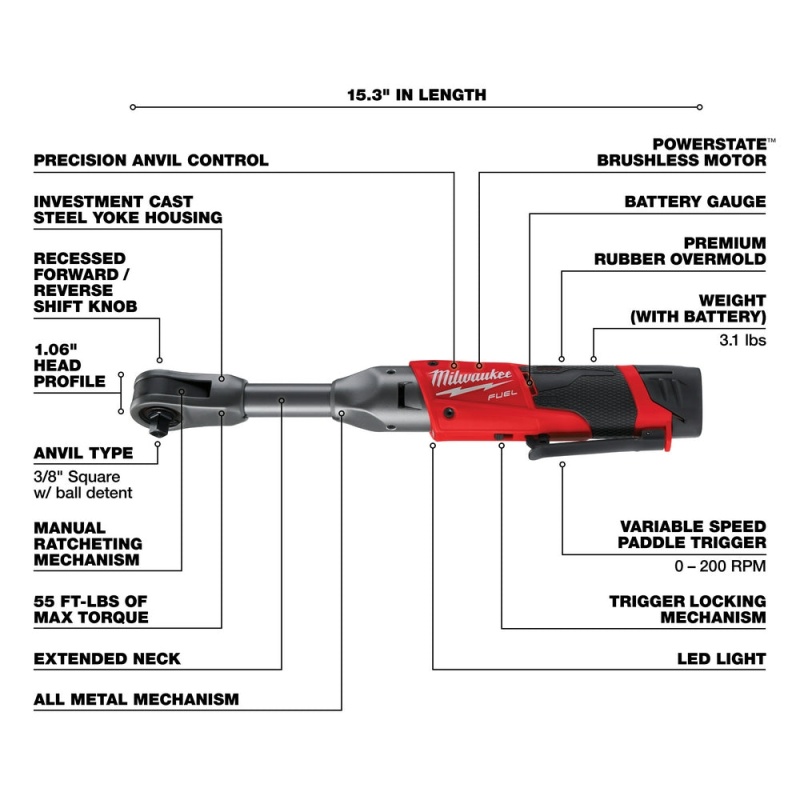 Milwaukee 2560-21 M12 FUEL 12V 3/8 Inch Extended Reach Ratchet 2.0AH Kit - Image 4