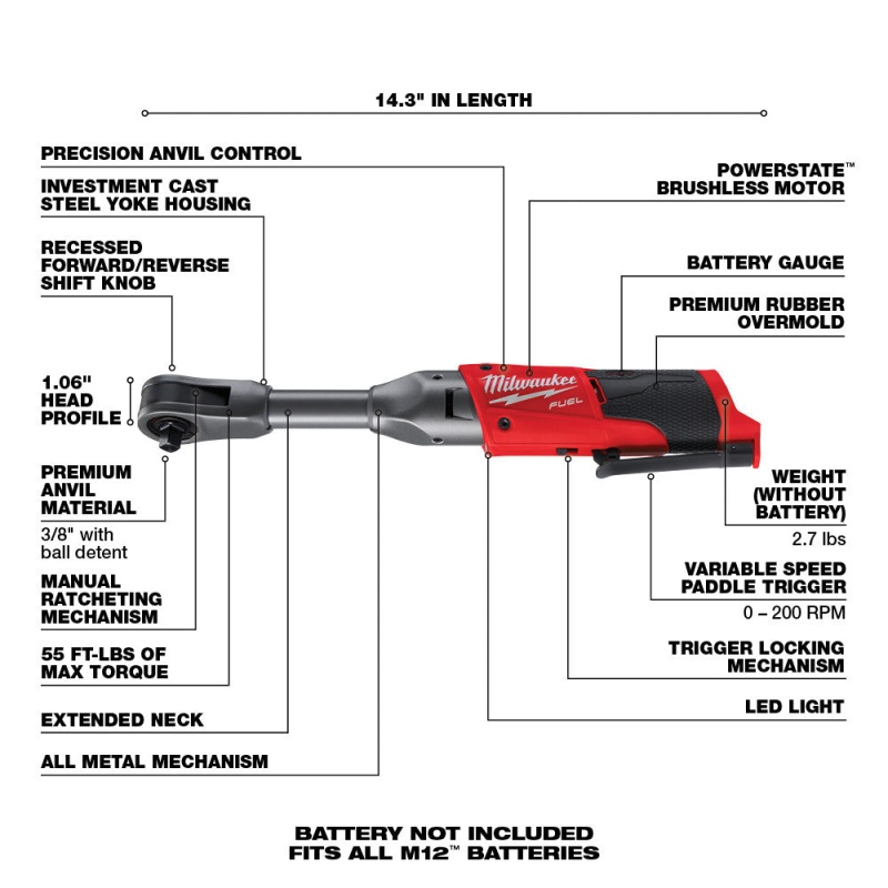 Milwaukee 2560-80 M12 FUEL 3/8" Cordless Extended Reach Ratchet - Bare Tool - Image 7