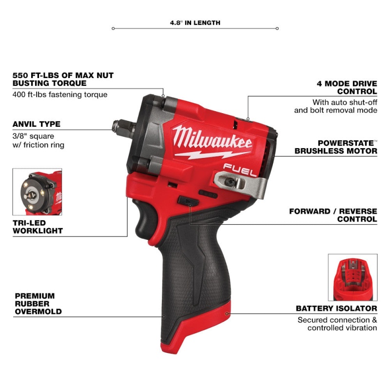 Milwaukee 2562-20 M12 FUEL 12V 3/8" Stubby Impact Wrench - Bare Tool - Image 8