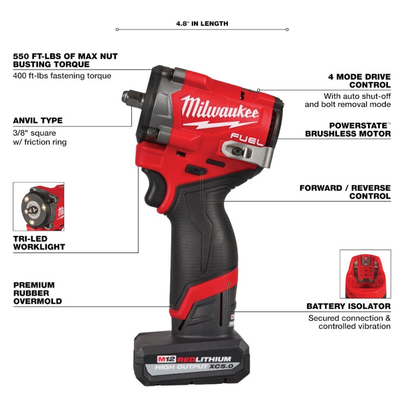 Milwaukee 2562-21 M12 FUEL 12V 3/8" Stubby Impact Wrench Kit - Image 4