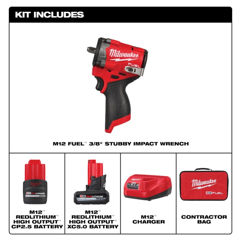 Milwaukee 2562-22 12V FUEL M12 3/8" Stubby Cordless Li-Ion Impact Wrench Kit - Image 2