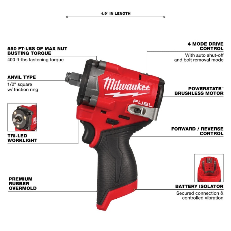 Milwaukee 2563-20 M12 FUEL 12V 1/2" Stubby Impact Wrench - Bare Tool - Image 8