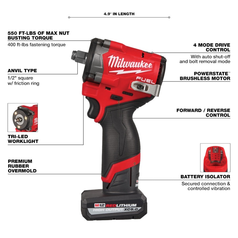 Milwaukee 2563-22 M12 FUEL 12V 1/2" Corddles Stubby Impact Wrench Kit - Image 4