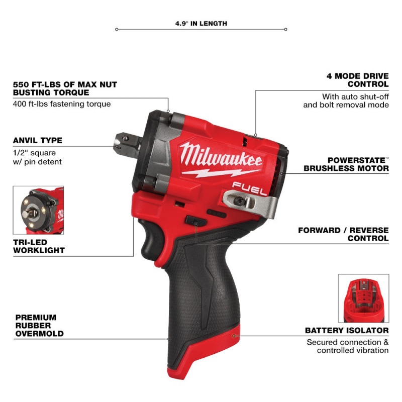 Milwaukee 2563P-20 M12 FUEL 12V 1/2" Impact Wrench w/ Pin Detent - Bare Tool - Image 8