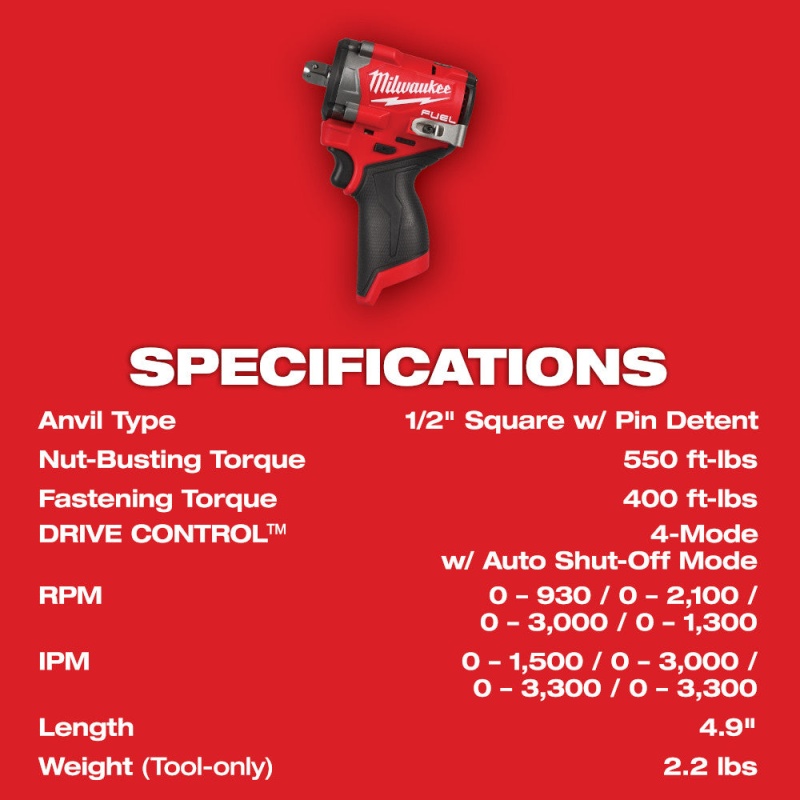 Milwaukee 2563P-20 M12 FUEL 12V 1/2" Impact Wrench w/ Pin Detent - Bare Tool - Image 12