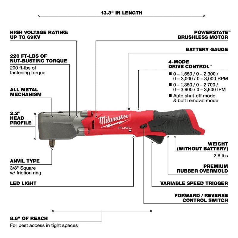 Milwaukee 2564-80 M12 FUEL 12V 3/8" Cordless Right Angle Impact Wrench - Recon - Image 4