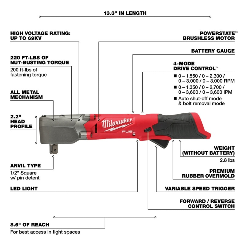 Milwaukee 2565P-20 M12 FUEL 12V 1/2" Li-Ion Right Angle Impact Wrench-Bare Tool - Image 4