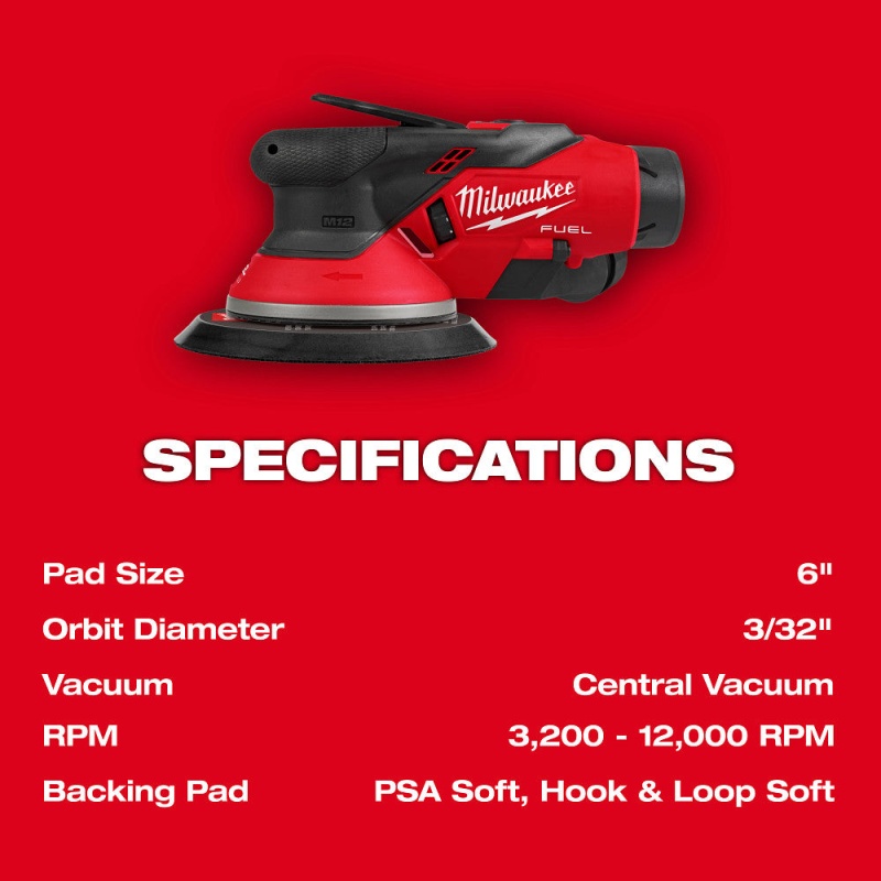 Milwaukee 2584-22CX M12 FUEL 12V 6" Random Orbital Sander Kit (3/32 Inch) - Image 5