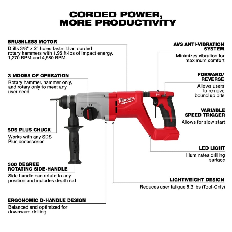 Milwaukee 2613-20 M18 18V Brushless SDS Plus D-Handle Rotary Hammer - Bare Tool - Image 3