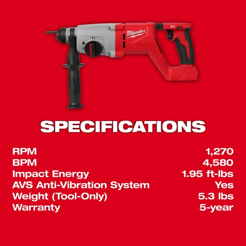 Milwaukee 2613-20 M18 18V Brushless SDS Plus D-Handle Rotary Hammer - Bare Tool - Image 5