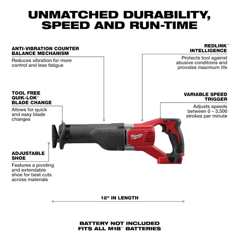 Milwaukee 2621-20 M18 18V 18-Inch SAWZALL Reciprocating Saw - Bare Tool - Image 2