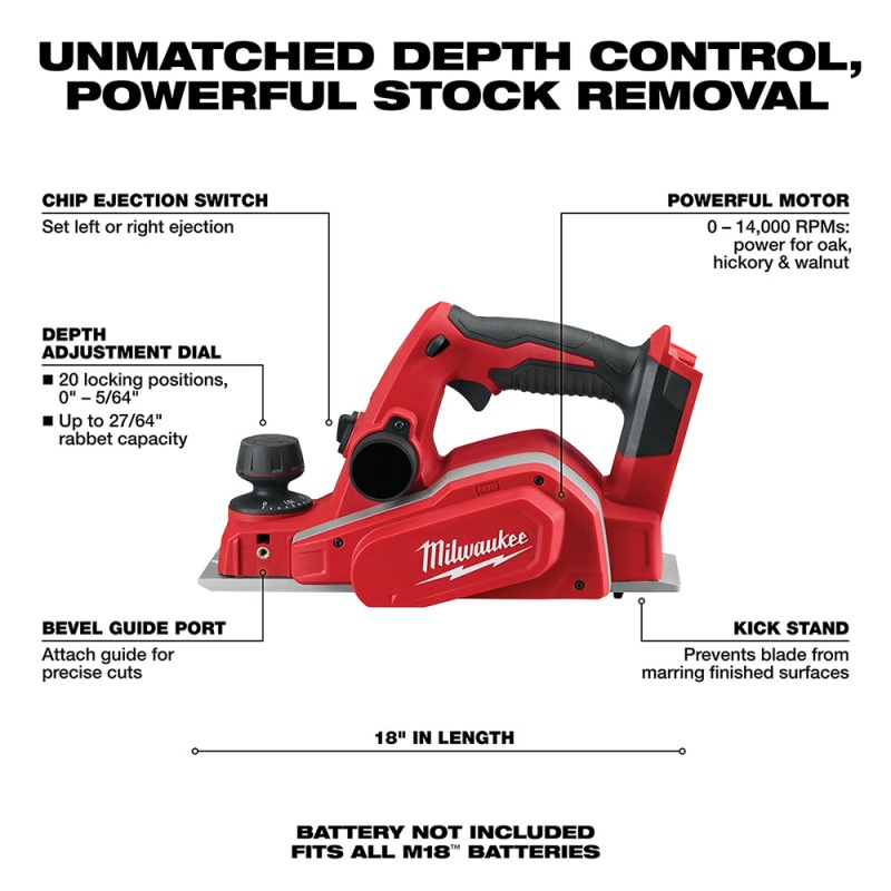 Milwaukee 2623-20 M18 18V 3-1/4-Inch Planer w/ Bevel/Edge Guide - Bare Tool - Image 3