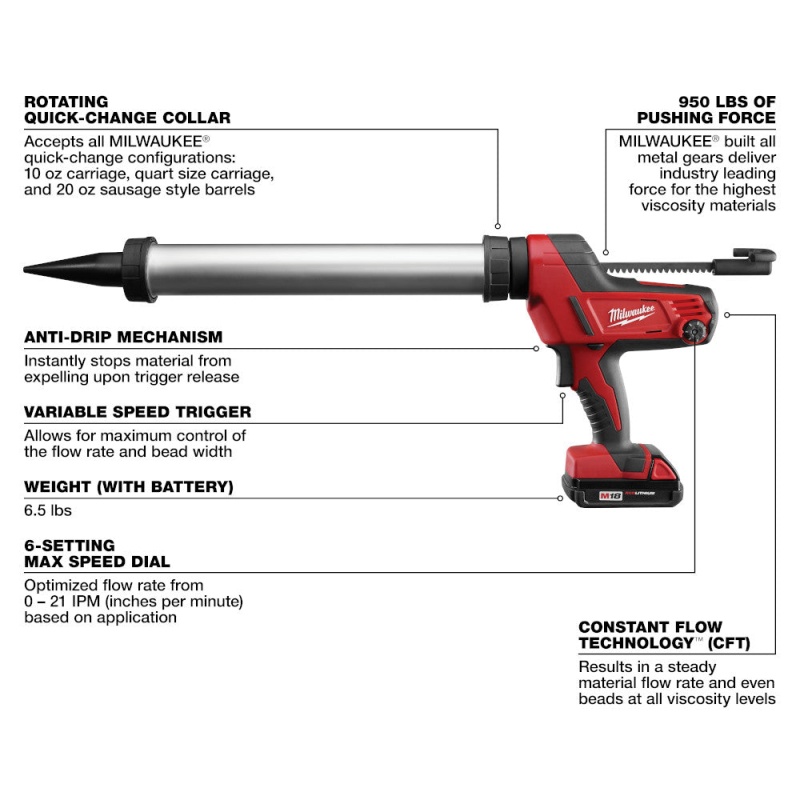 Milwaukee 2642-21CT M18 18V 20-Oz Aluminum Caulk Adhesive Gun Kit - Image 3