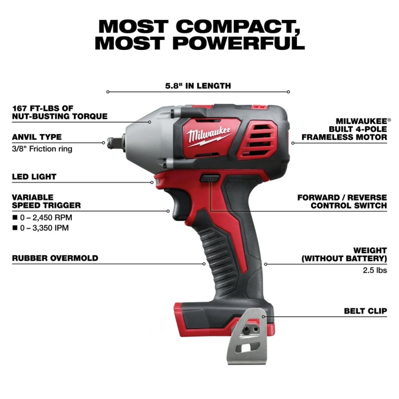 Milwaukee 2658-20 M18 18V 3/8-Inch Impact Wrench w/ Belt Clip - Bare Tool - Image 3