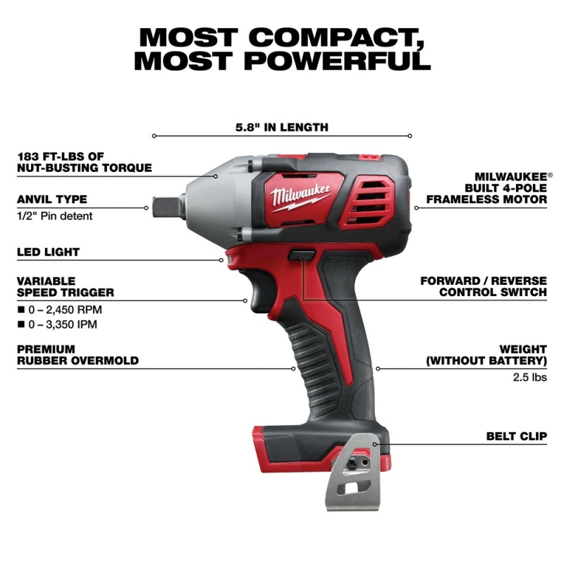 Milwaukee 2659-20 M18 18V 1/2-Inch Impact Wrench w/ Belt Clip - Bare Tool - Image 3