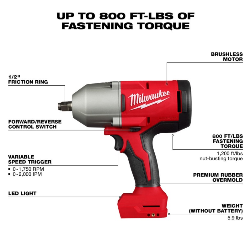 Milwaukee 2666-20 M18 18V 1/2" High Torque Cordless Impact Wrench - Bare Tool - Image 2