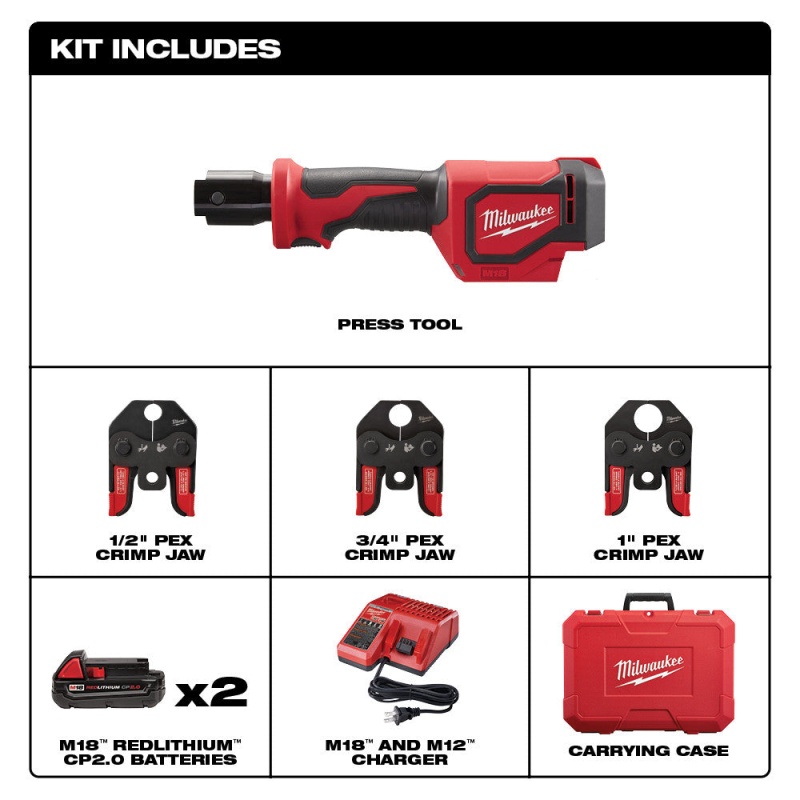 Milwaukee 2674-22C M18 18V Short Throw Press Tool Kit w/ PEX Crimp Jaws - Image 2