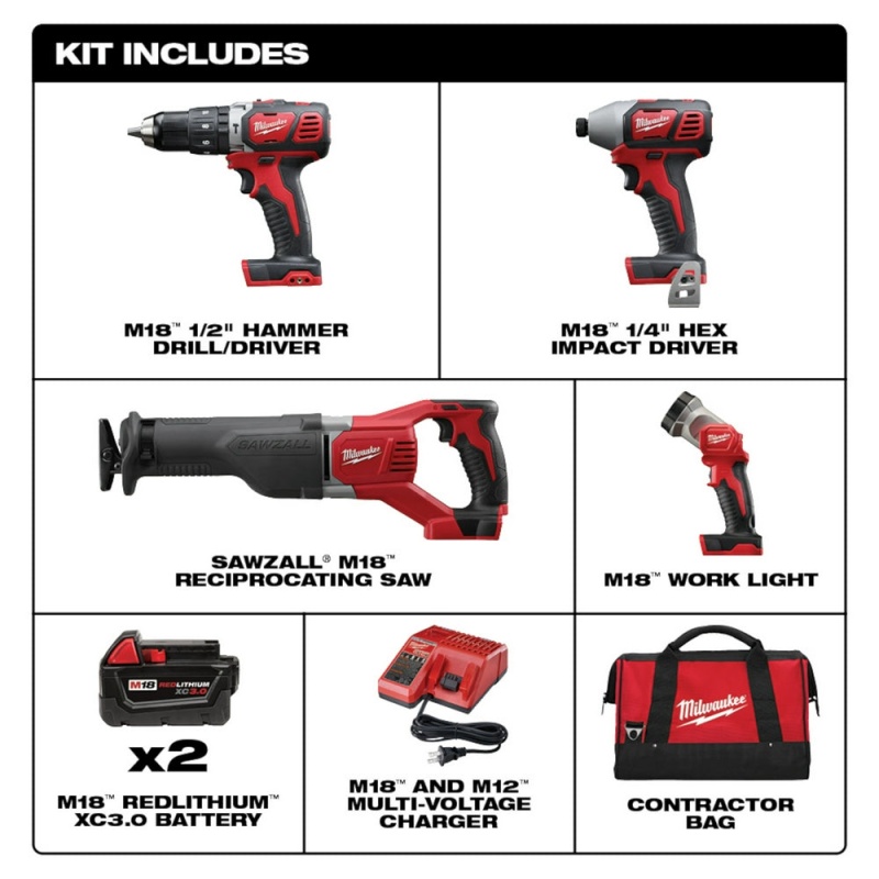 Milwaukee 2696-24 M18 18V Cordless Power Lithium-Ion 4-Tool Combo Kit - Image 2