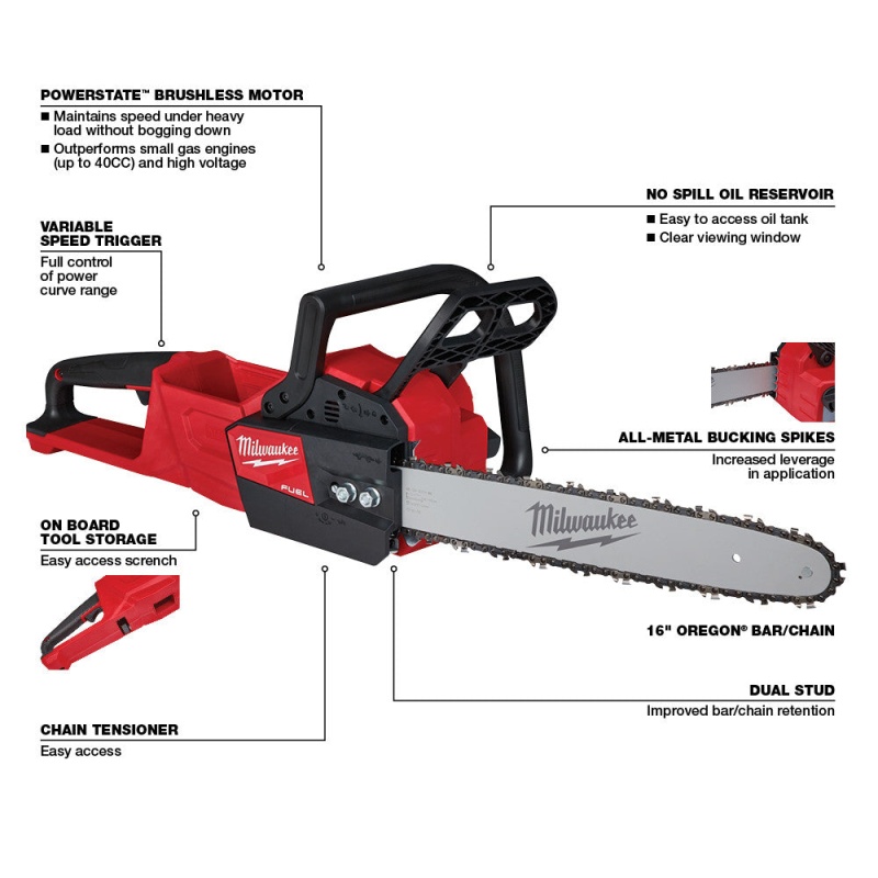 Milwaukee 2727-28 M18 FUEL 18V 16" Cordless Li-Ion Chainsaw w/ 8.0 AH Battery - Image 7