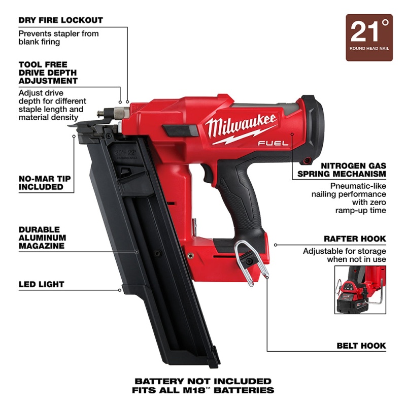 Milwaukee 2744-20EM M18 FUEL 18V 21 Degree Framing Nailer w/ EXT Capacity Mag - Image 7