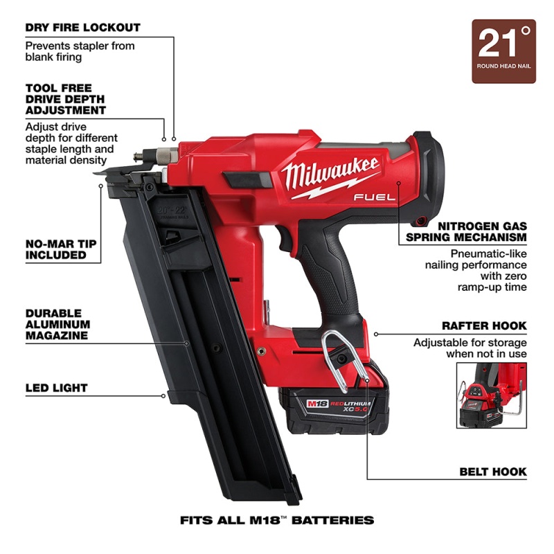 Milwaukee 2744-21 M18 FUEL 18V 21 Degree Framing Nailer 5.0 Ah Kit - Image 8