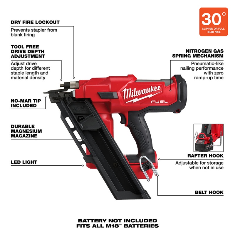 Milwaukee 2745-20EM M18 FUEL 18V 30 Degree Framing Nailer w/ EXT Capacity Mag - Image 7