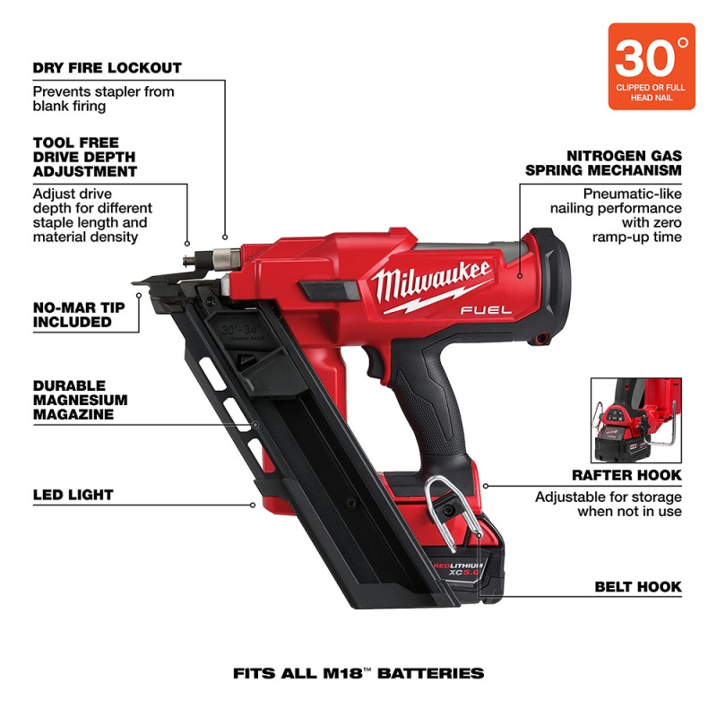 Milwaukee 2745-21 M18 FUEL 18V 30 Degree Lithium-Ion Cordless Framing Nailer Kit - Image 8