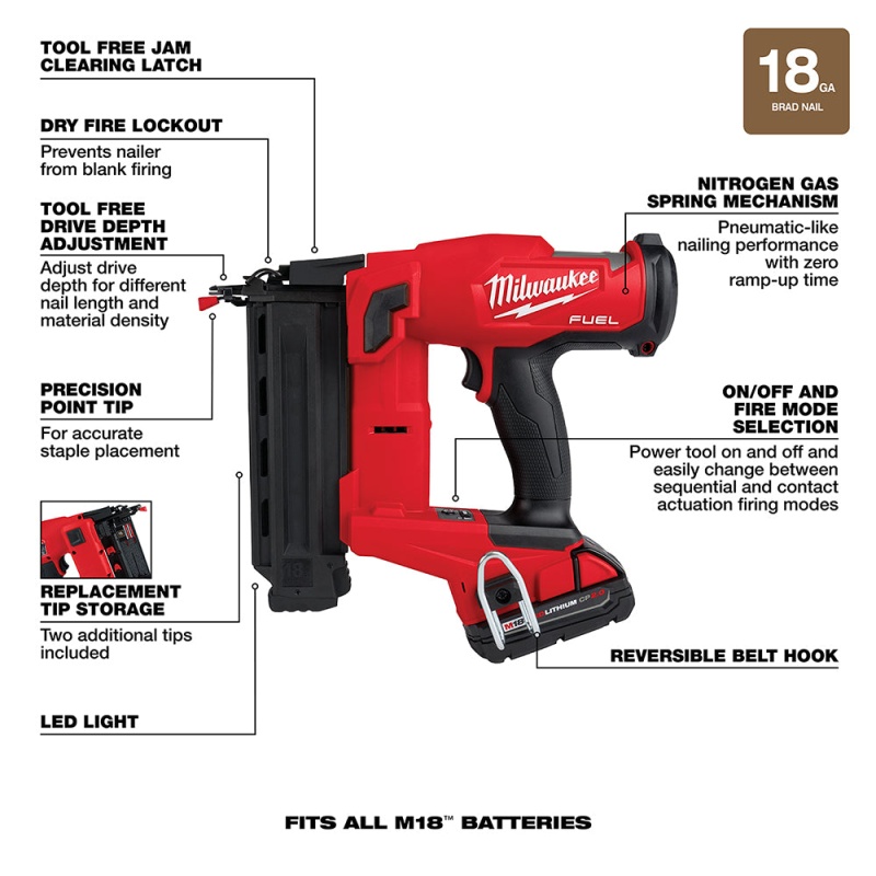 Milwaukee 2746-21Ct M18 FUEL 18V 18 Gauge Brad Nailer Kit - Image 8