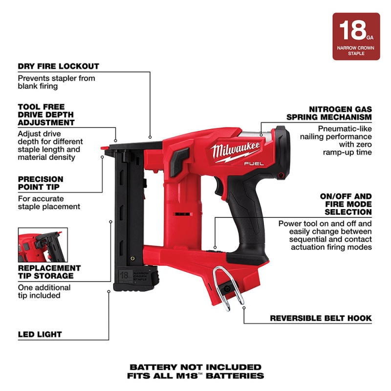 Milwaukee 2749-20 M18 FUEL 18V 18-Gauge 1/4" Narrow Crown Stapler - Bare Tool - Image 8