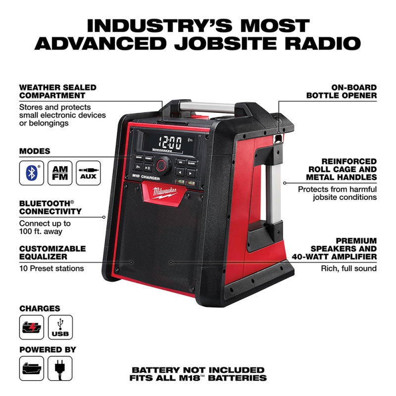 Milwaukee 2792-20 M18 18V Jobsite Bluetooth Radio/Charger - Bare Tool - Image 3