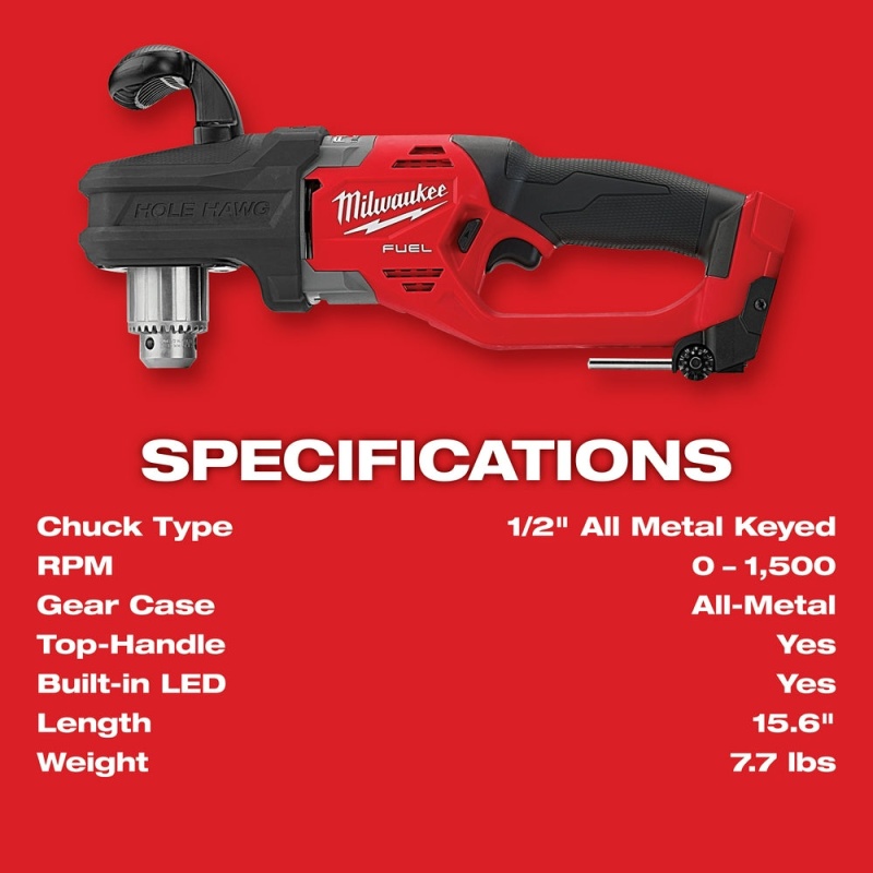 Milwaukee 2807-80 M18 FUEL 18V 1/2" HOLE HAWG Right Angle Drill -Bare Tool-Recon - Image 8