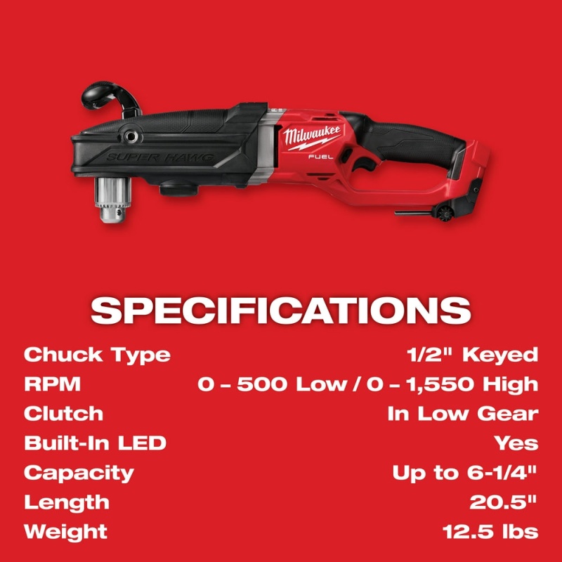 Milwaukee 2809-20 M18 FUEL 18V 1/2 Inch Super Hawg Right Angle Drill - Bare Tool - Image 8