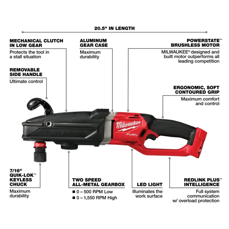 Milwaukee 2811-20 M18 FUEL 18V Super Hawg Right Angle Drill Quik-Lok - Bare Tool - Image 4