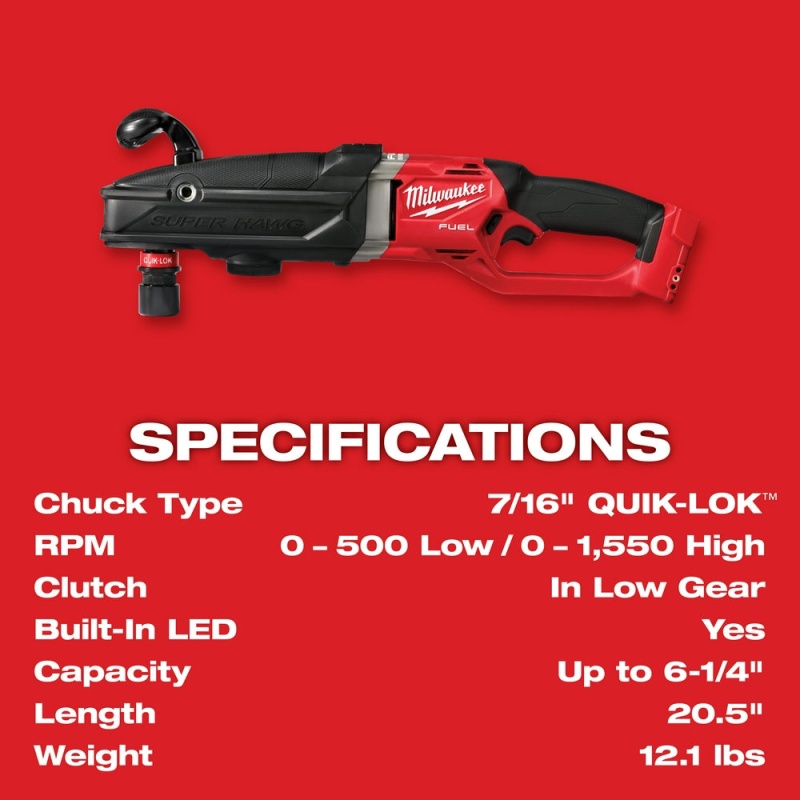 Milwaukee 2811-20 M18 FUEL 18V Super Hawg Right Angle Drill Quik-Lok - Bare Tool - Image 8