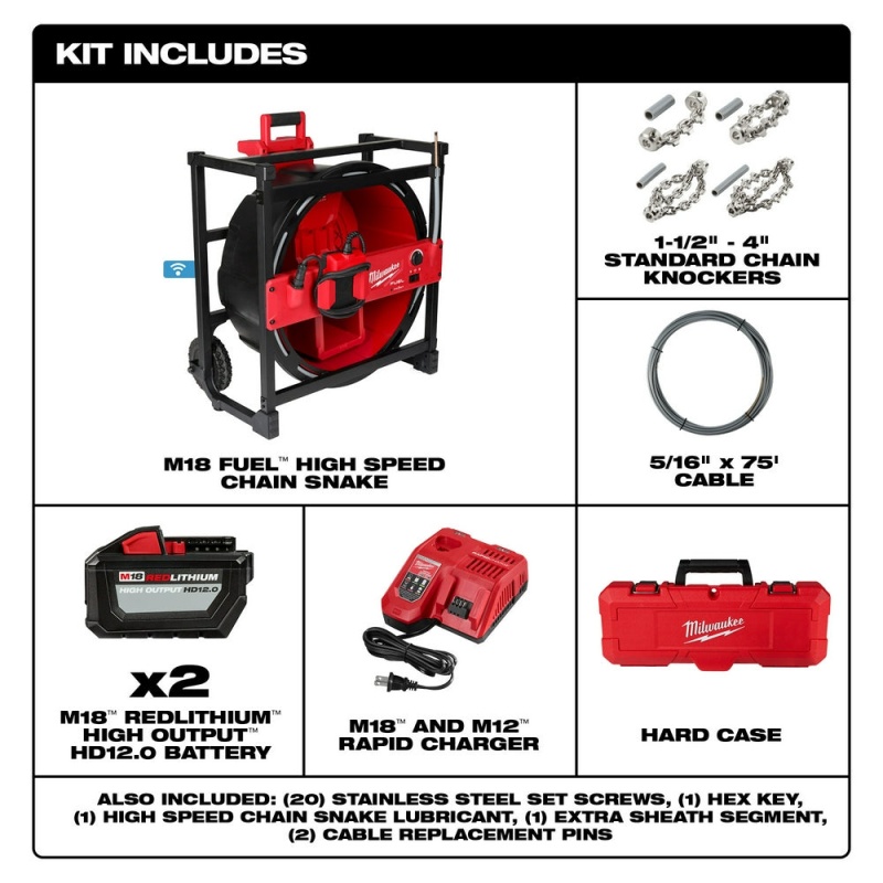 Milwaukee 2819-22 M18 FUEL 18V High Speed Chain Snake Kit for 1-1/2" ?C 4" Pipes - Image 3