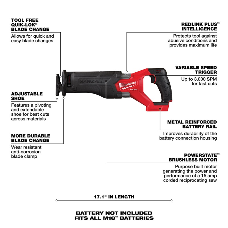 Milwaukee 2821-20SK5 M18 FUEL 18V SAWZALL Recip Saw w/ Battery and Charger - Image 6