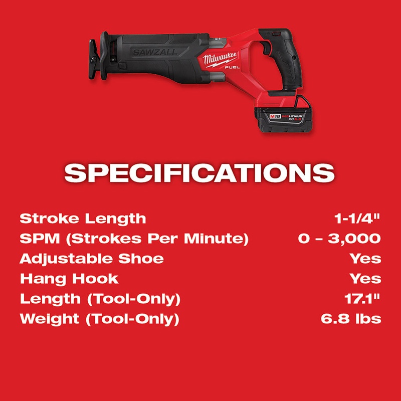 Milwaukee 2821-21SZ M18 FUEL 18V SAWZALL Reciprocating Kit w/ 12 SAWZALL Blades - Image 7