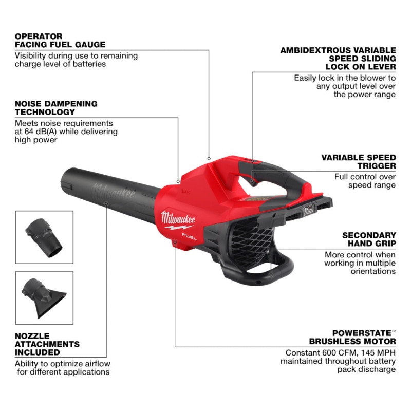 Milwaukee 2824-20 M18 FUEL 18V 600 CFM Cordless Brushless Dual Battery Blower - Image 4