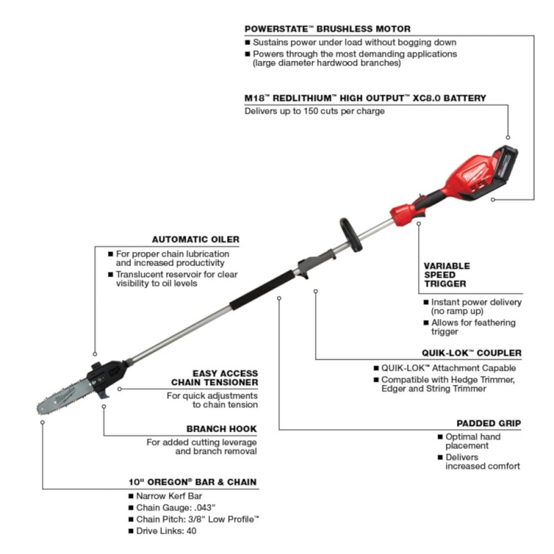 Milwaukee 2825-21PS M18 FUEL 18V 10-Inch QUIK-LOK Cordless Pole Saw Kit - Image 4