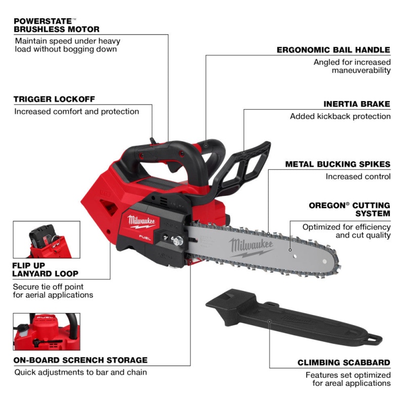 Milwaukee 2826-20C M18 FUEL 18V 12" Cordless Top Handle Chainsaw - Bare Tool - Image 3