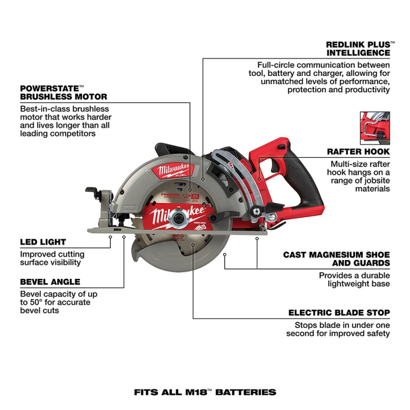 Milwaukee 2830-21HD M18 FUEL 18V 7-1/4 Inch Rear Handle Circular Saw Kit - Image 7