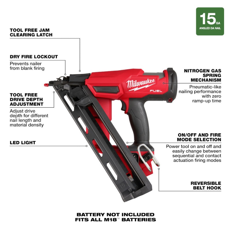 Milwaukee 2839-20 M18 FUEL Ergonomic Cordless 15 Gauge Finish Nailer - Bare Tool - Image 3