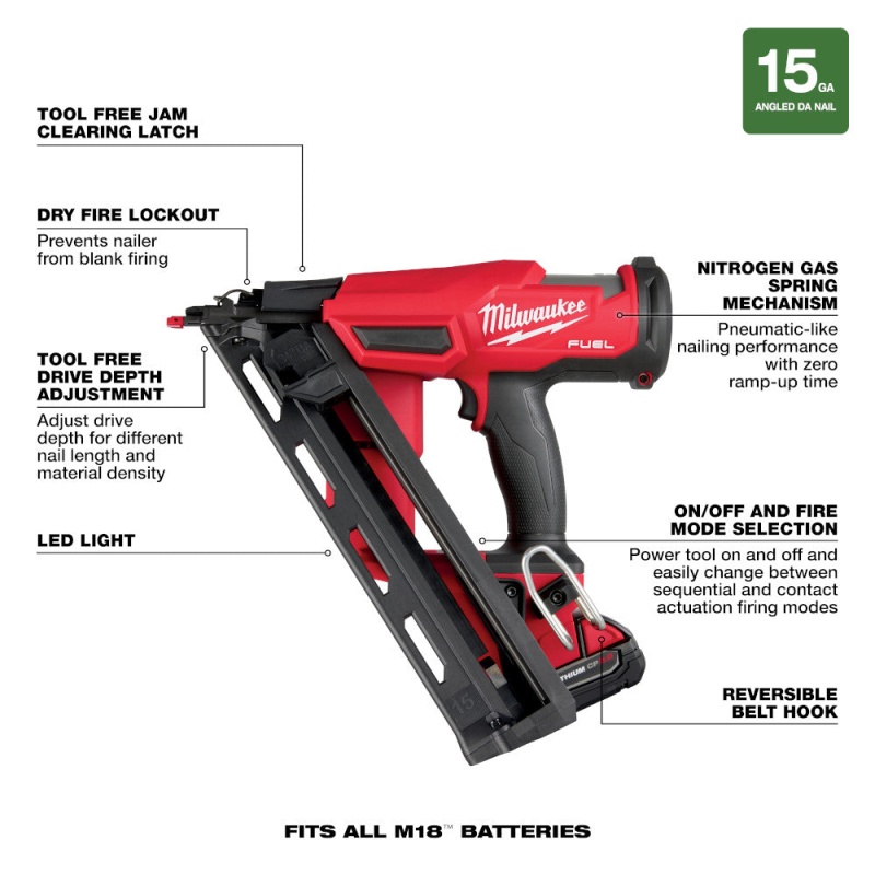 Milwaukee 2839-21CT M18 FUEL 18V 15 Guage Cordless Finish Nailer Kit - Image 8